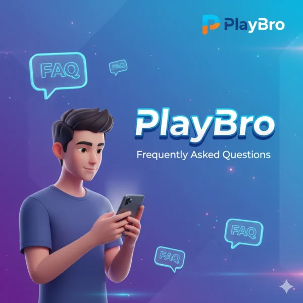 PlayBro FAQ section poster – answers to common online gaming questions about legal play, withdrawals, and account setup in India.