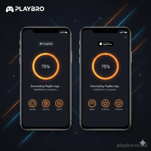 Illustration of PlayBro app download and installation process on Android and iOS devices with step-by-step visual guide