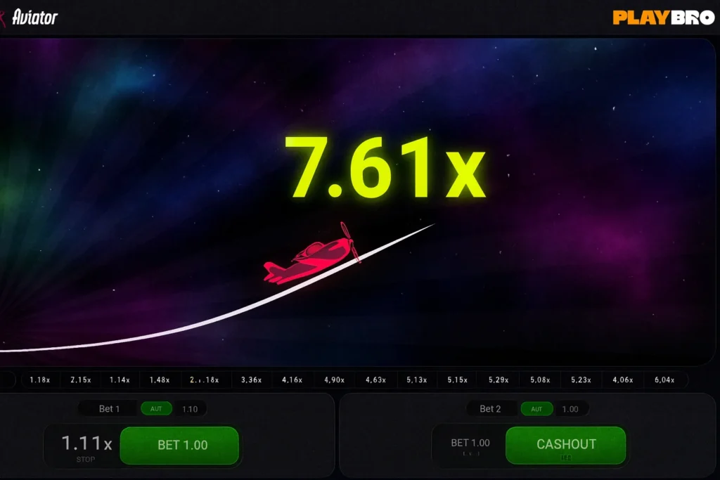 Playbro Aviator game interface showing plane flying with multipliers. Perfect for Playbro Aviator Predictor guide, keeping all in-game numbers exact