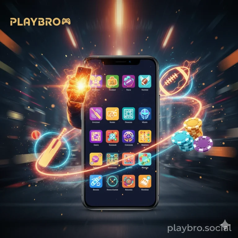 Vibrant PlayBro games illustration showing top games on a smartphone screen with neon accents